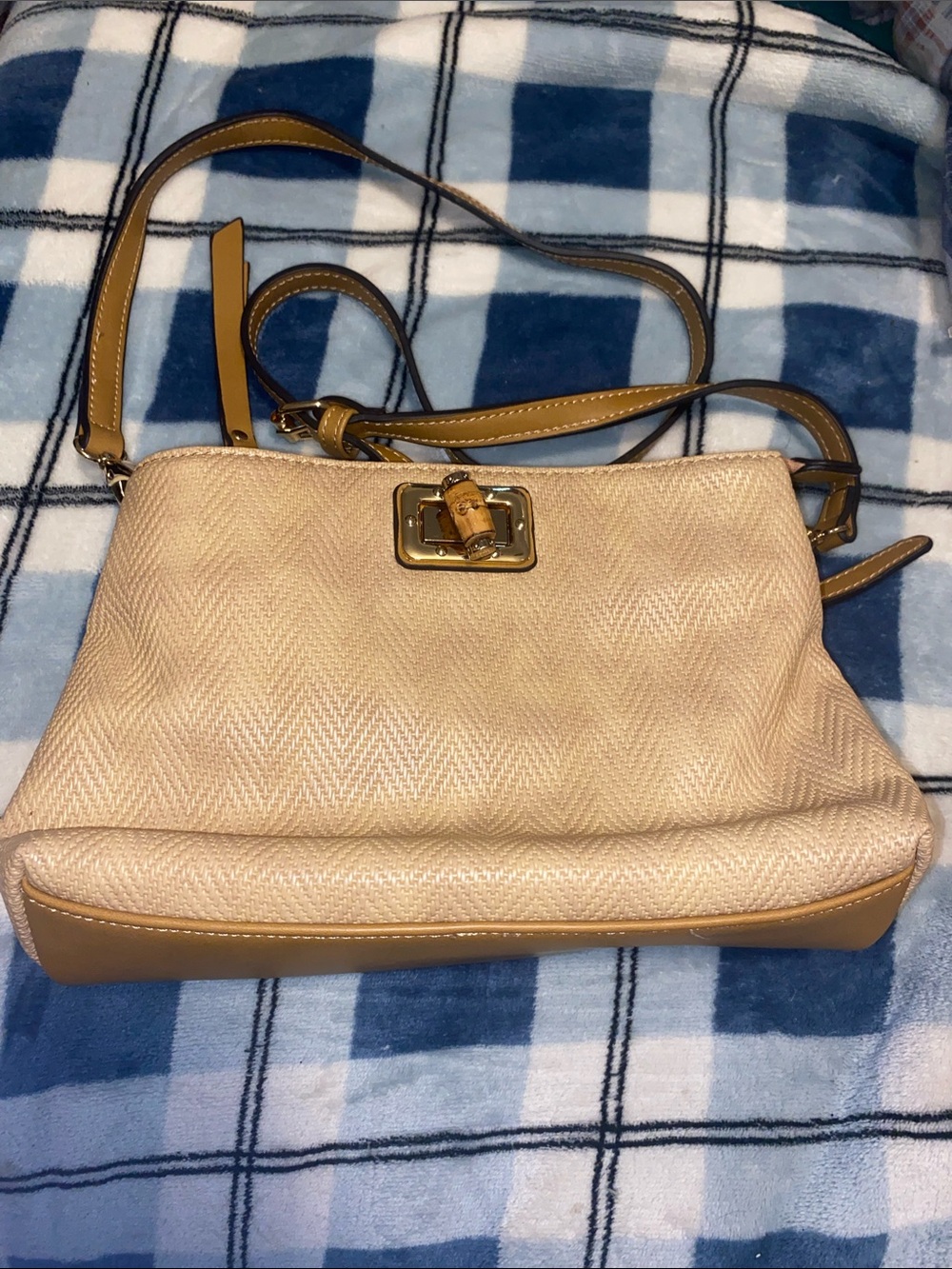 Sondra Roberts Beige and Tan Woven Crossbody Bag